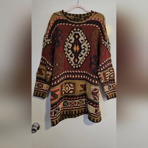 Eddie Bauer Burgundy and Gold Patterned Sweater